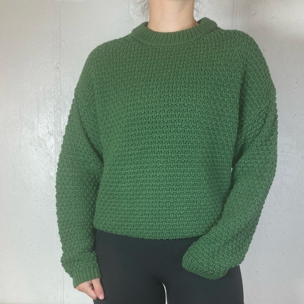 Moss Green Crewneck Mock Crochet Sweater